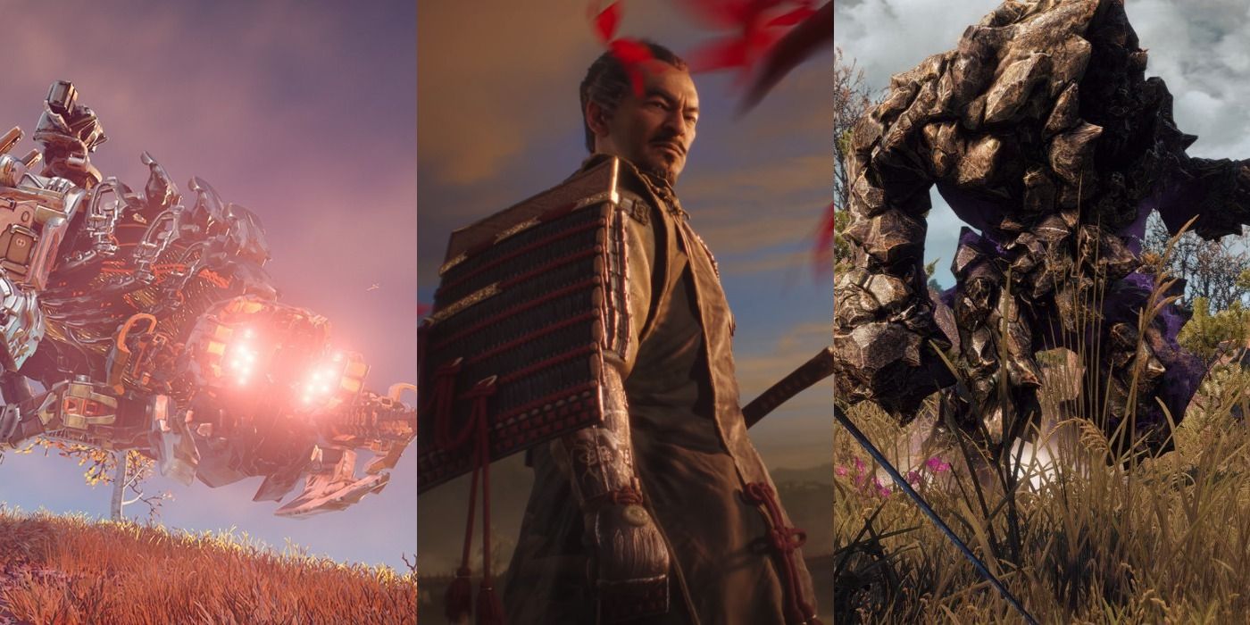 Split image of Horizon Zero Dawn, Ghost Of Tsushima and The Witcher 3 PS4 Feature