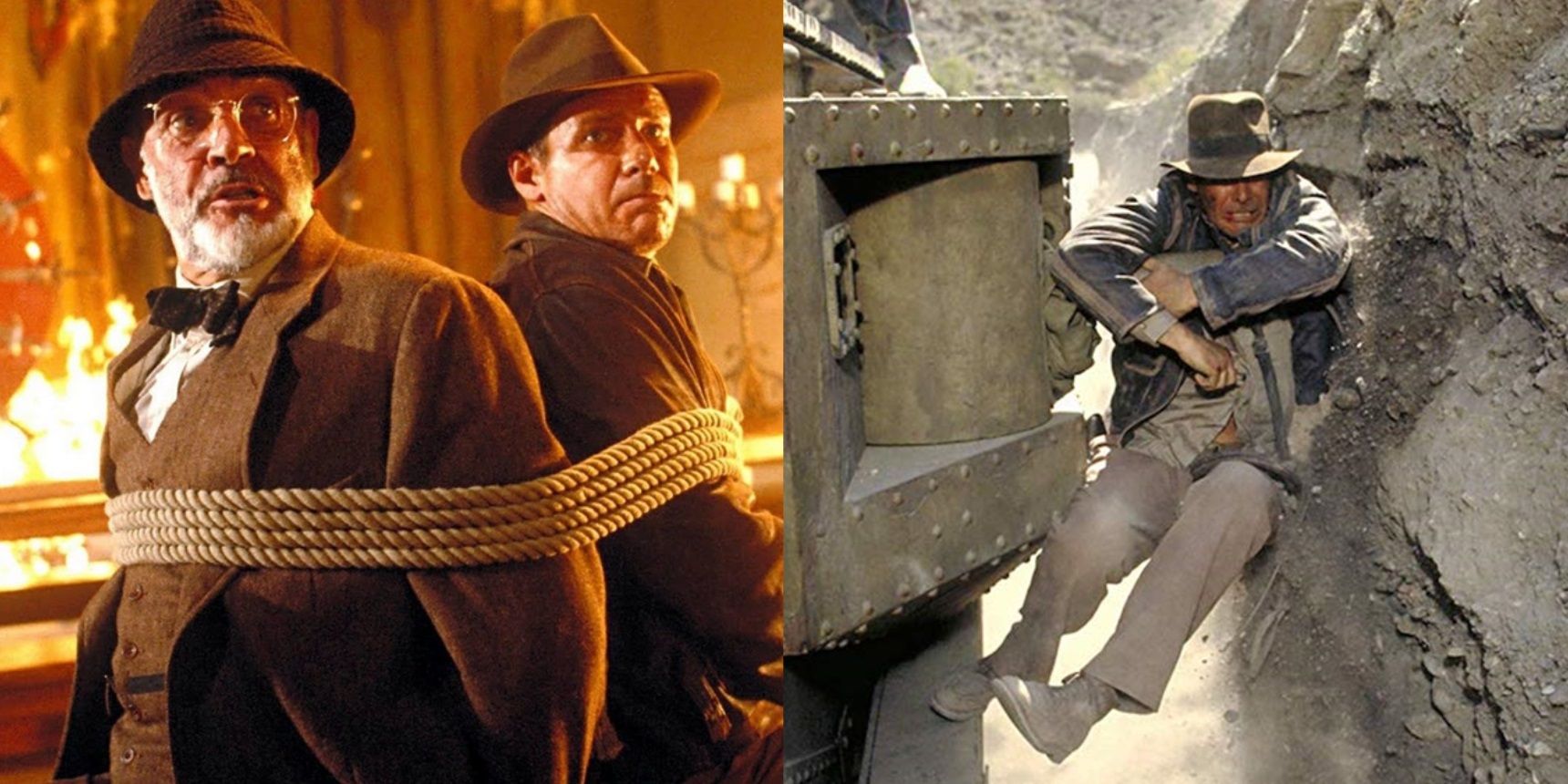 Split image of Indy and Henry Sr in a burning castle and Indy hanging from a tank in Indiana Jones and the Last Crusade