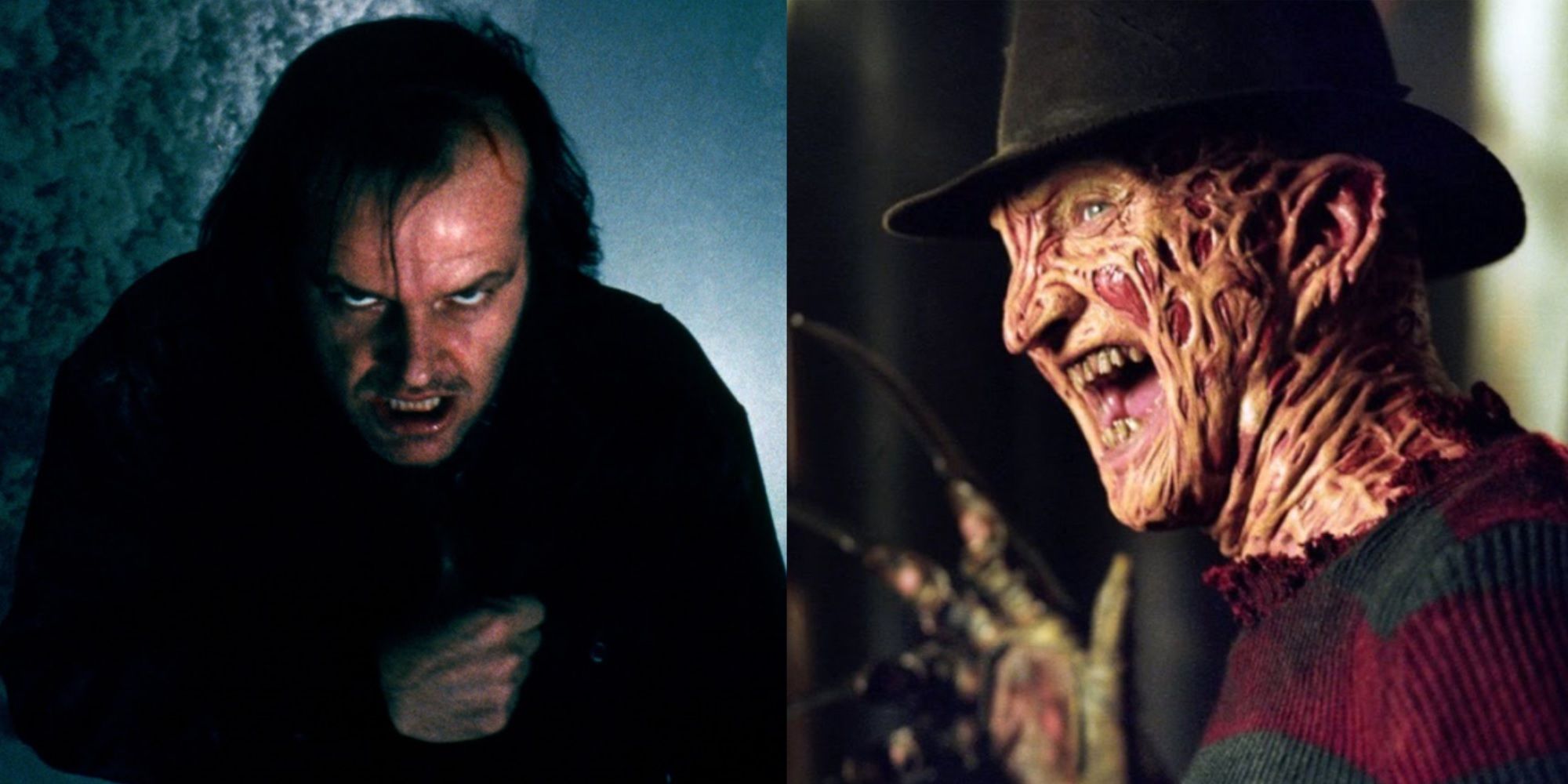 Split image of Jack Nicholson in The Shining and Robert Englund in A Nightmare on Elm Street