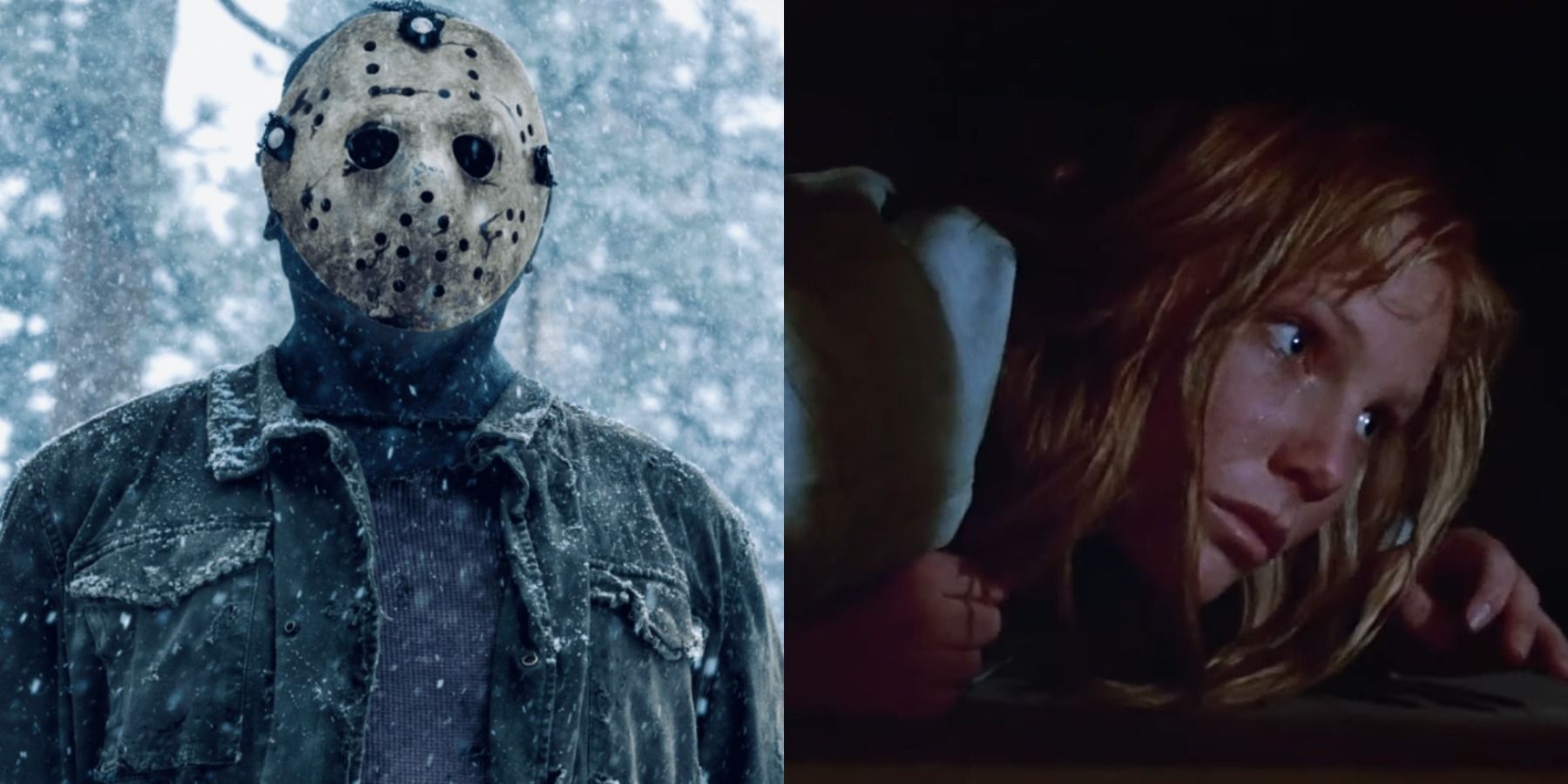 Split image of Jason Voorhees in Never Hike In The Snow and Ginny Field hiding under a bed in Friday The 13th Part 3
