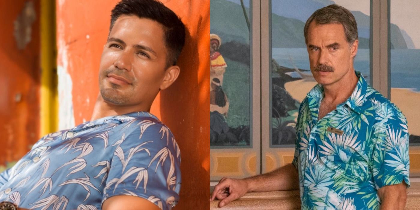 Split image of Jay Hernandez in Magnum PI and Armand in The White Lotus