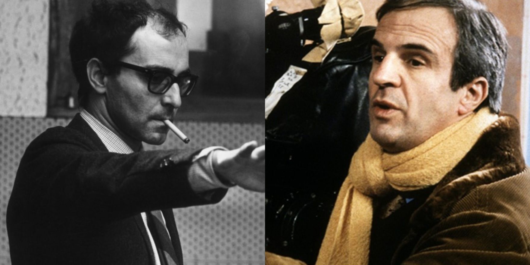 Split image of Jean-Luc Godard and Francois Truffaut directing