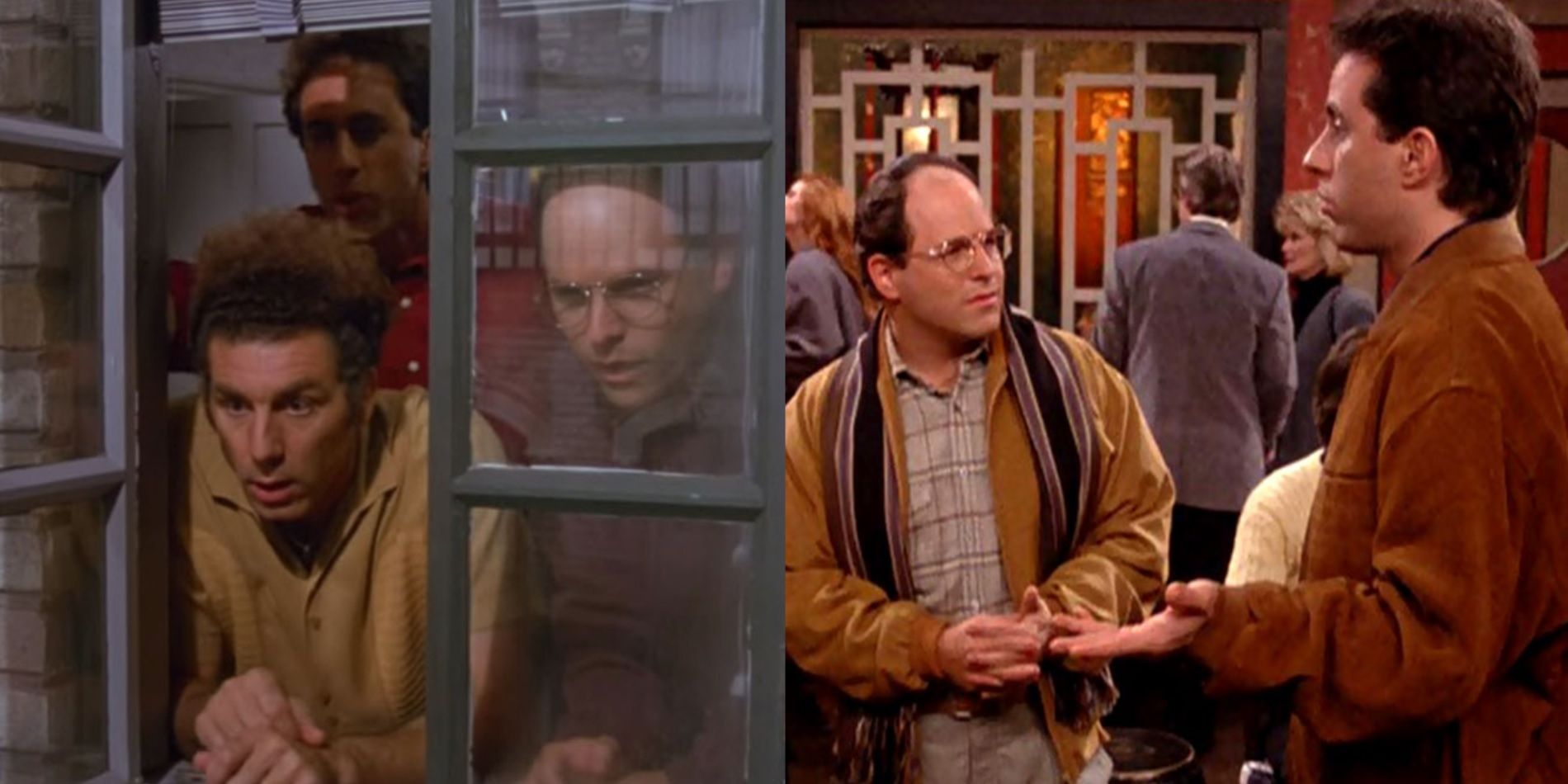 Split image of Jerry, Kramer and George looking through a window and Jerry and George in a restaurant in Seinfeld