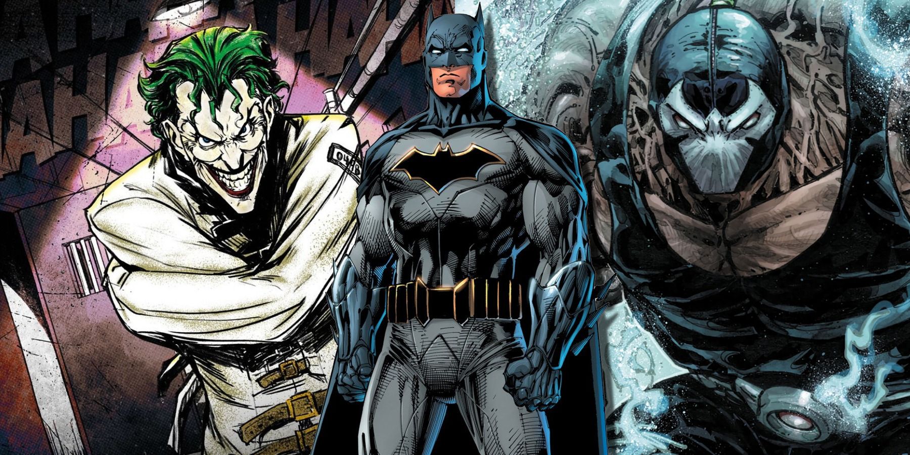 Split image of Joker, Batman, and Bane in DC comics