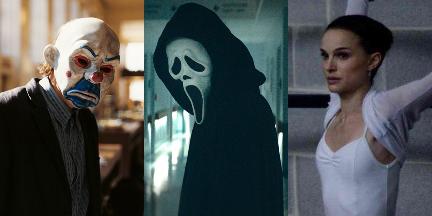Split image of Joker in The Dark Knight, Ghostface in Scream, and Nina in Black Swan