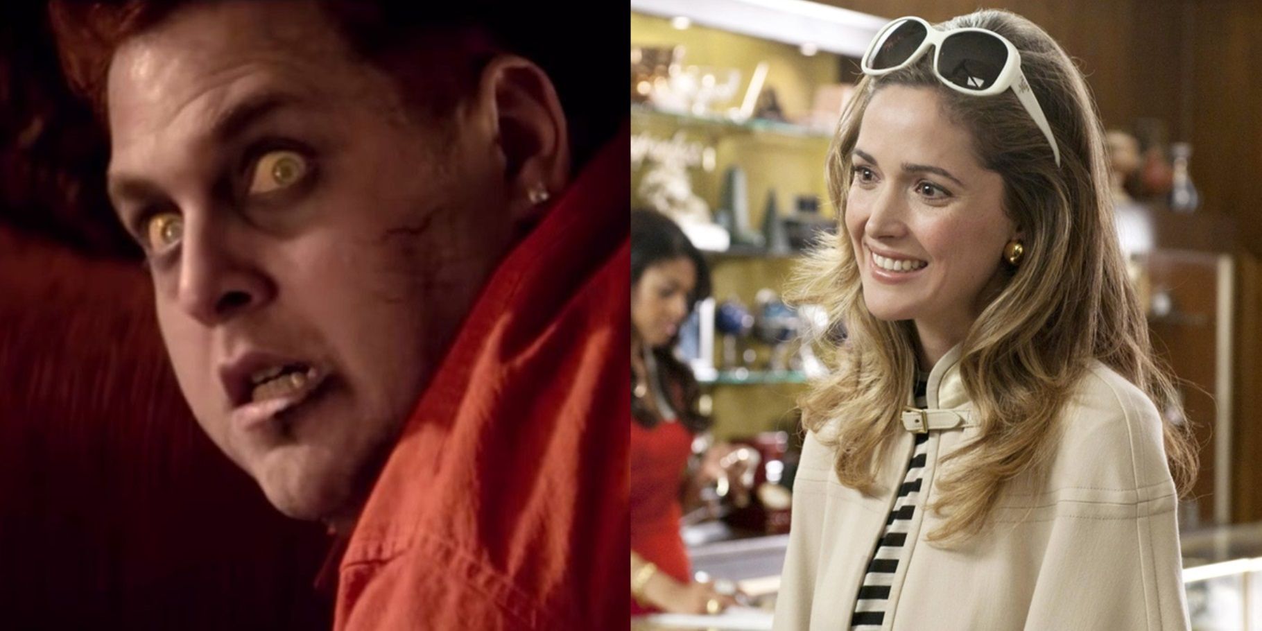 Split image of Jonah Hill in This is the End and Rose Byrne in Bridesmaids