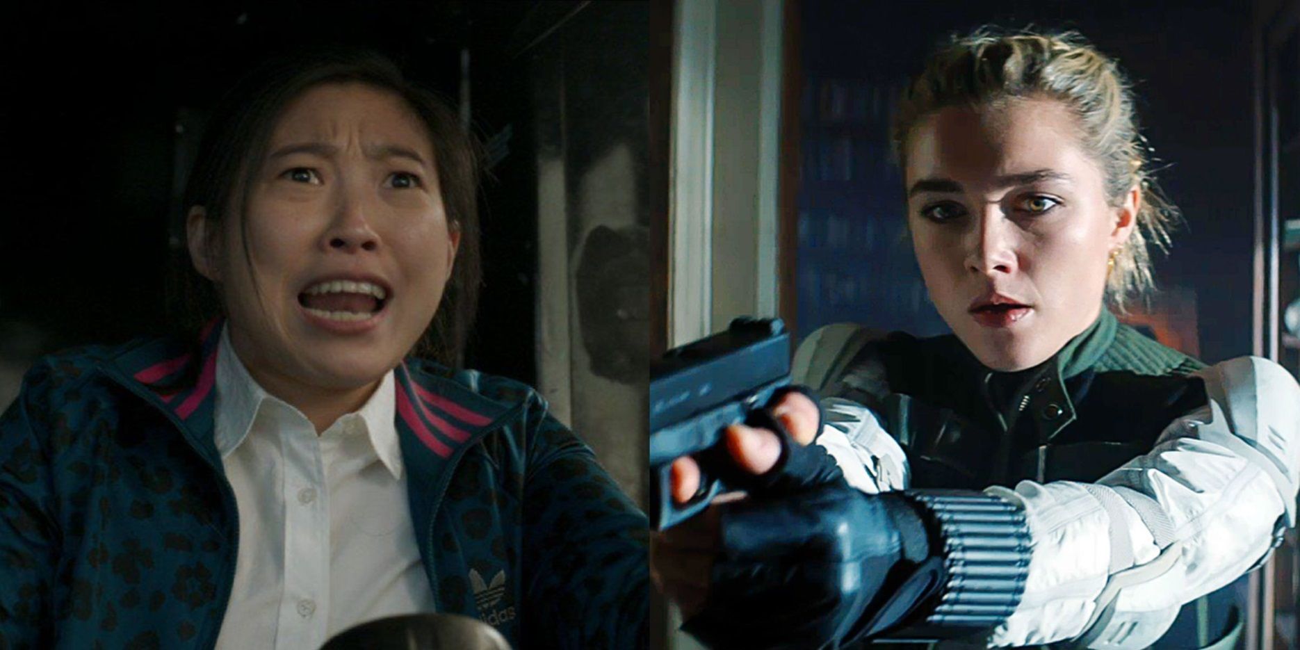 Split image of Katy in Shang-Chi and Yelena in Black Widow