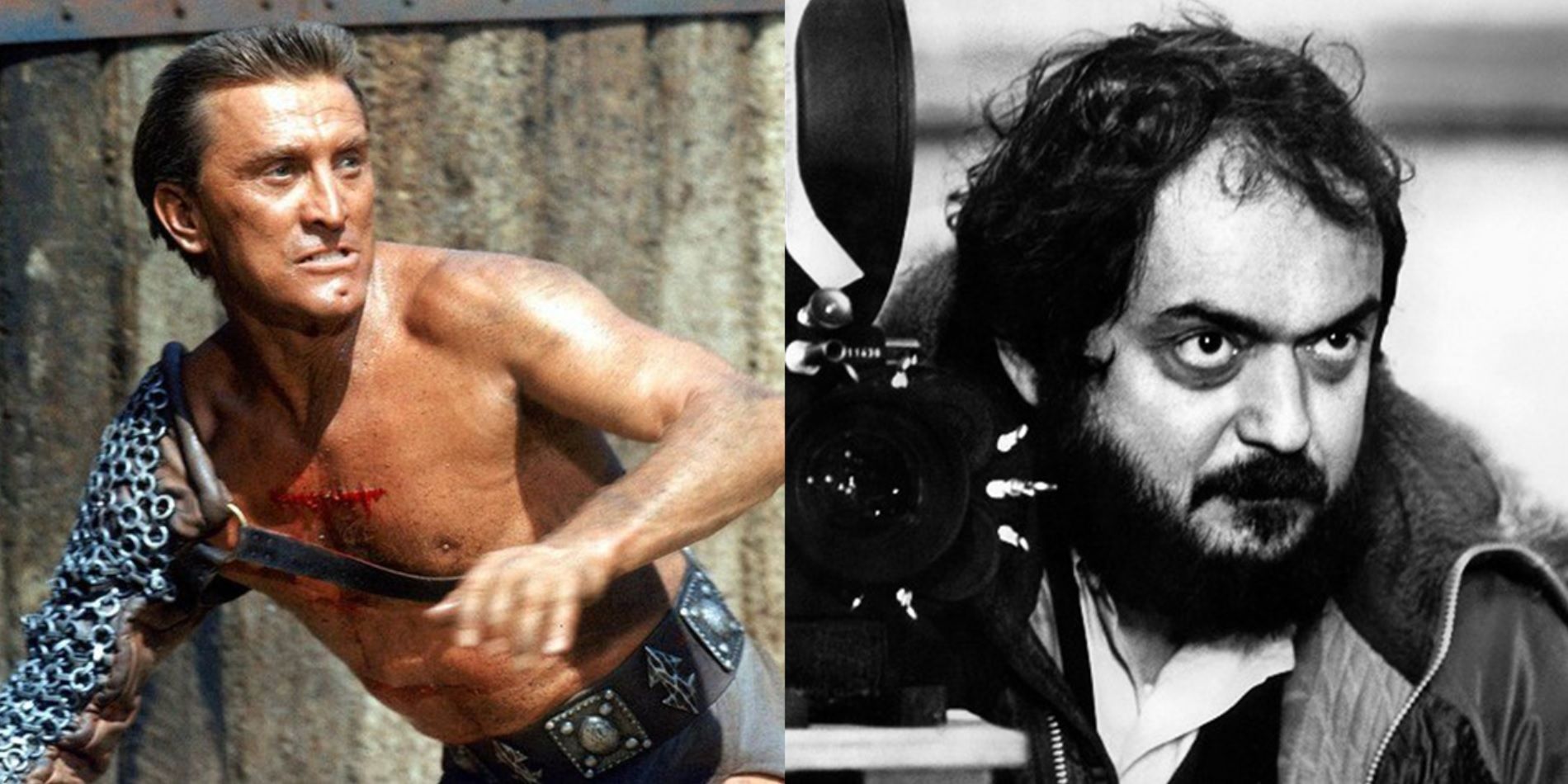 Split image of Kirk Douglas in Spartacus and Stanley Kubrick with a camera