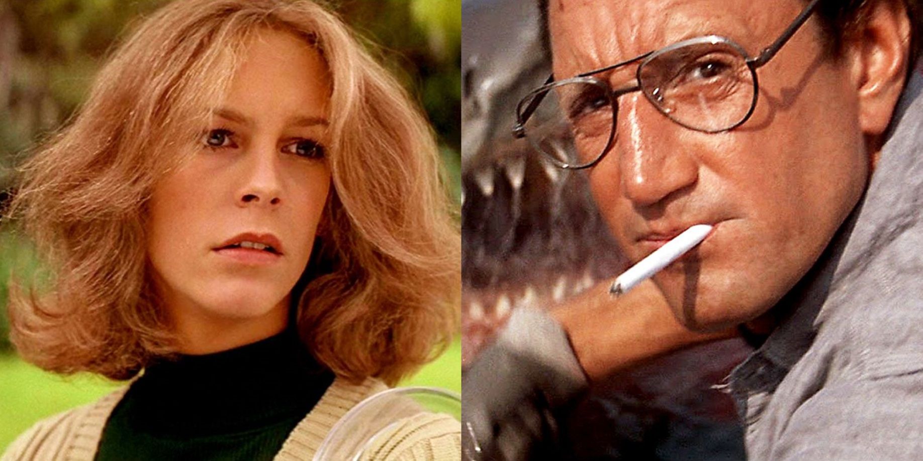 Split image of Laurie Strode in Halloween and Chief Brody in Jaws