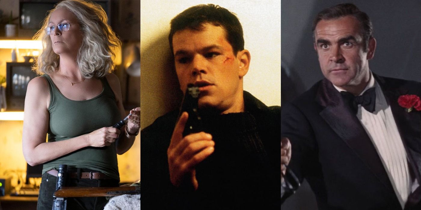 Split image of Laurie in Halloween, Jason in The Bourne Identity, and James Bond in Diamonds Are Forever