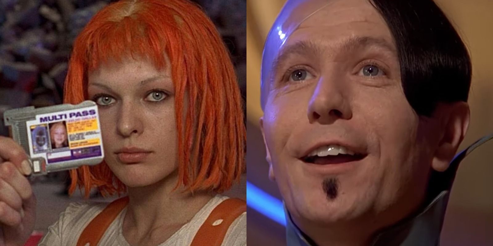 Split image of Leeloo holding her multipass and Zorg speaking with Cornelius in The Fifth Element