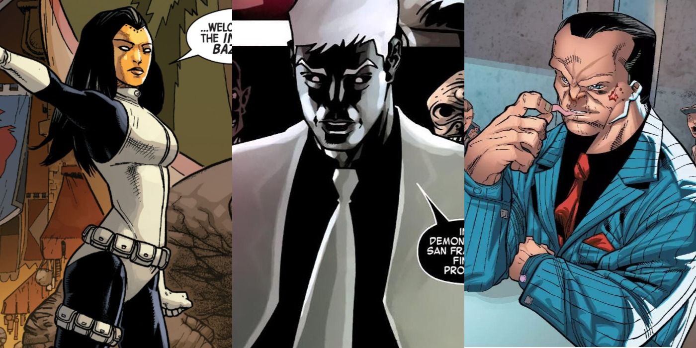 Split image of Madame Masque, Mister Negative and Hammerhead in Marvel Comics