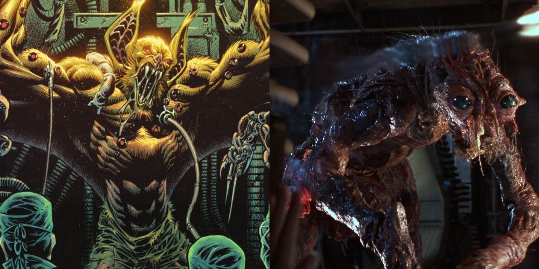 Split image of Man-Bat being experimented on and Brundlefly outside the telepod in The Fly 1986