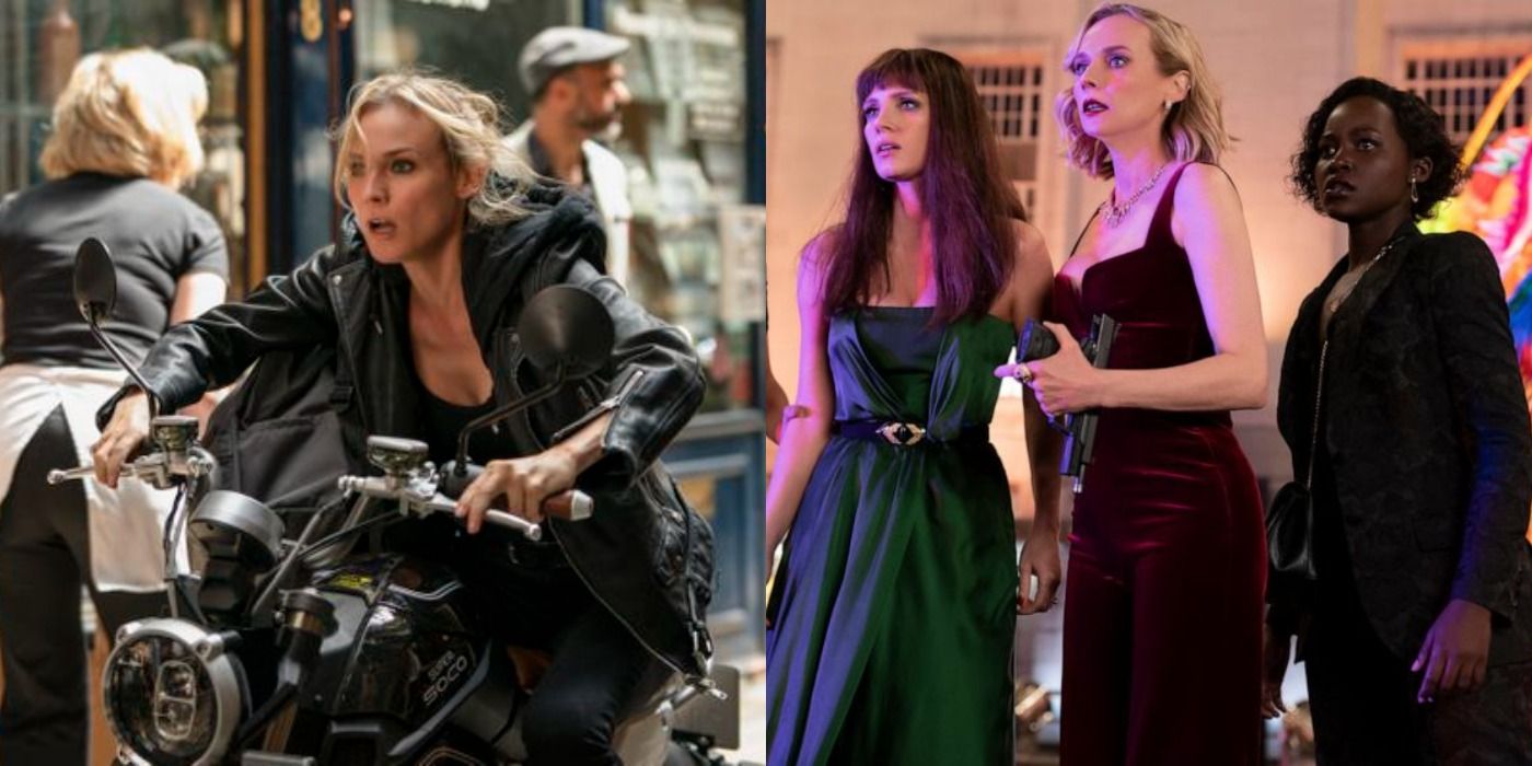 Split image of Marie on a motorcycle and Marie with two other women in The 355