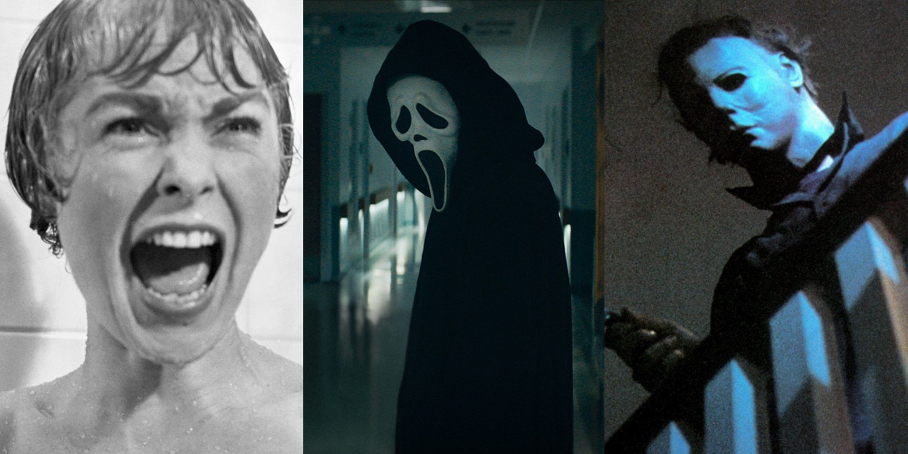 Split image of Marion Crane in Psycho, Ghostface in Scream, and Michael Myers in Halloween
