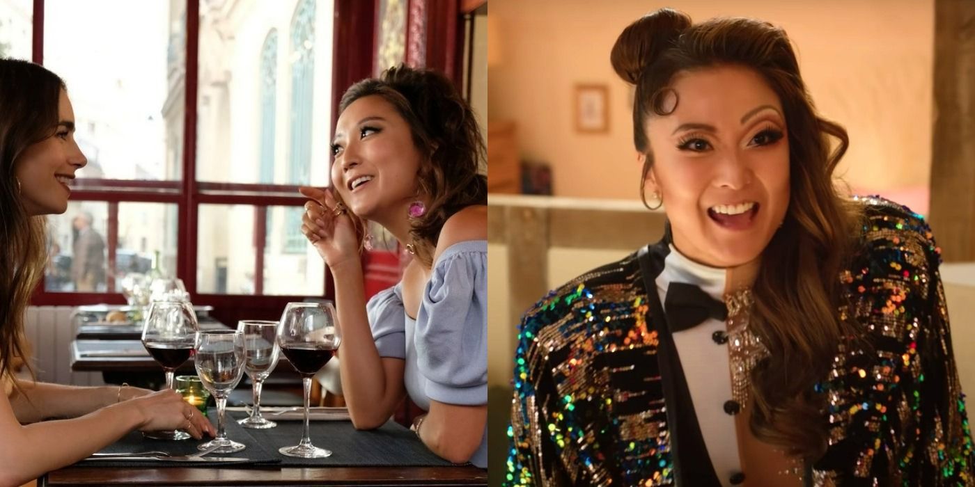 Split image of Mindy Chen in drag and with Emily in Emily in Paris