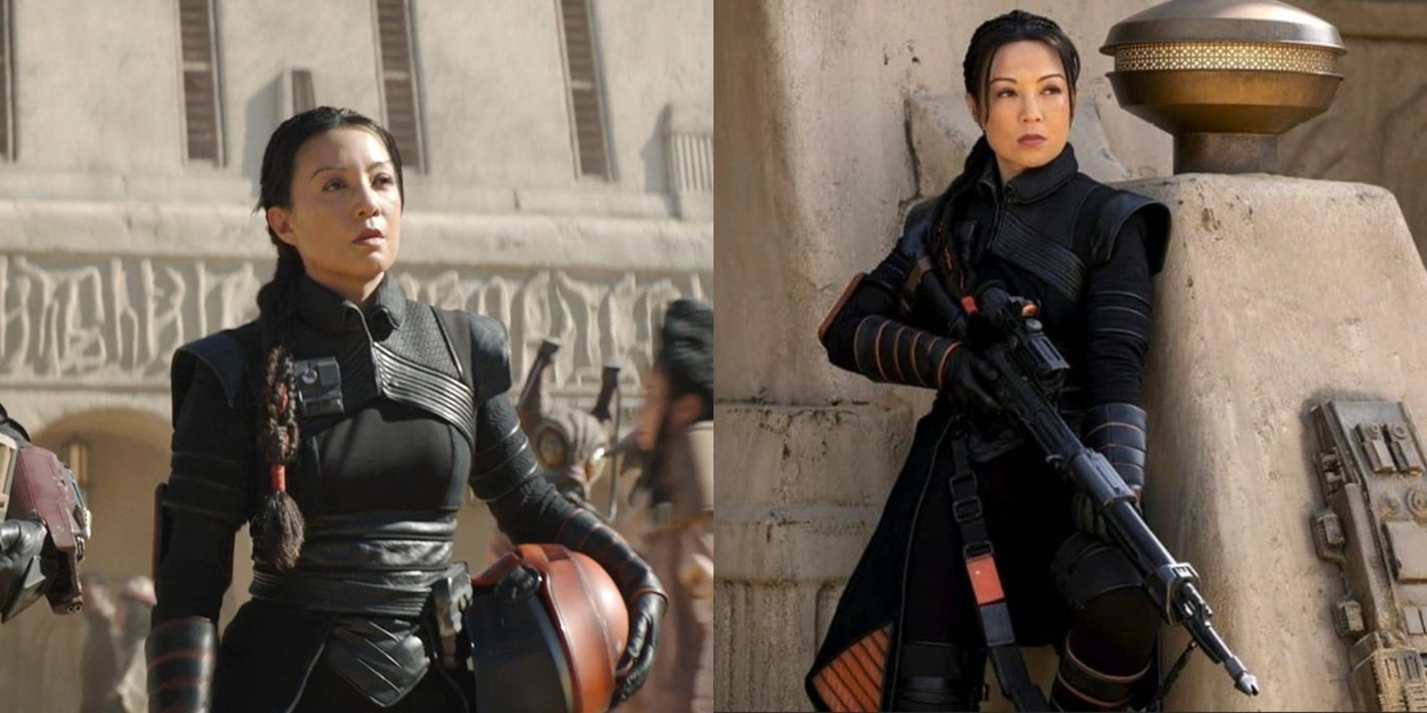 Split image of Ming-Na Wen as Fennec Shand in Star Wars