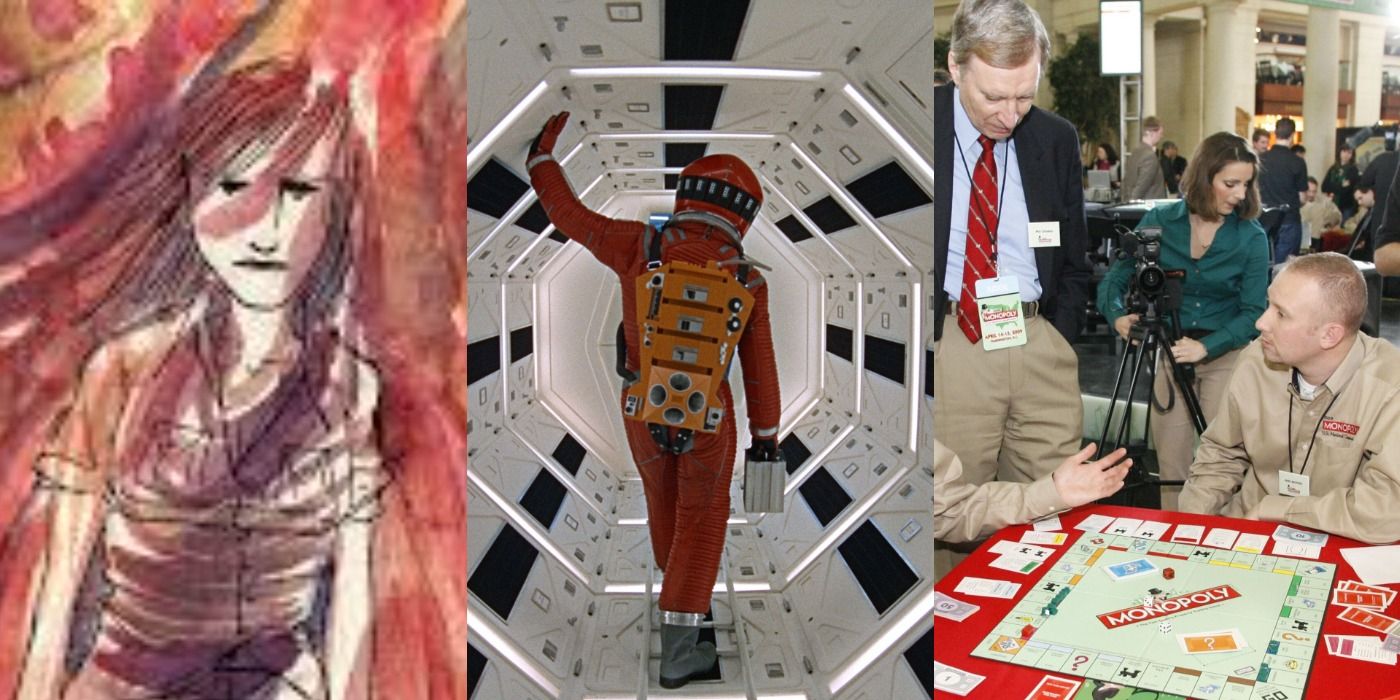 Split image of Miru in Mind MGMT David in 2001 A Space Odyssey and Monopoly players in The Monopoly Story