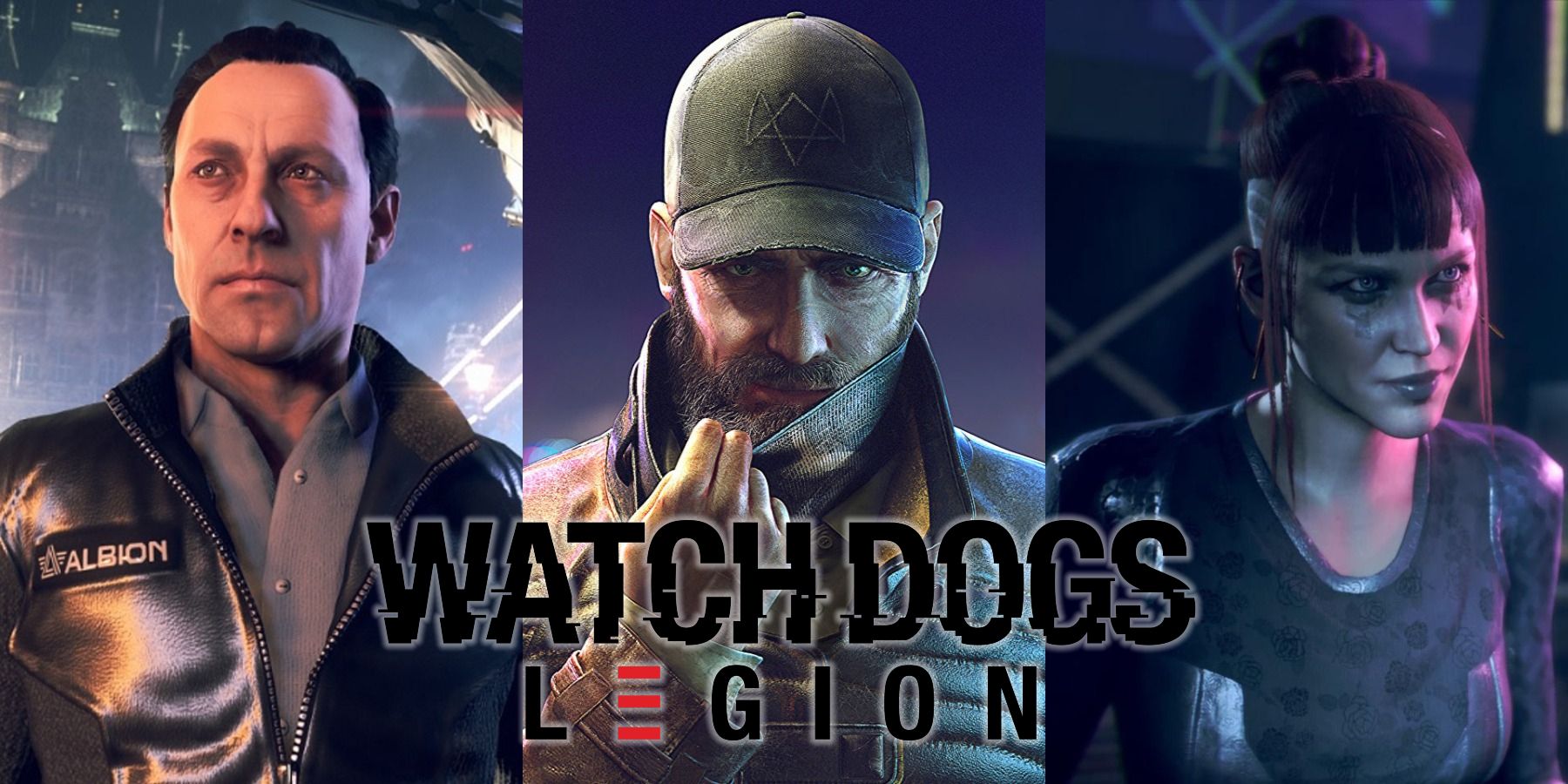 Split image of Nigel Cass, Aiden Pearce, and Sabine Brandt in Watch Dogs Legion