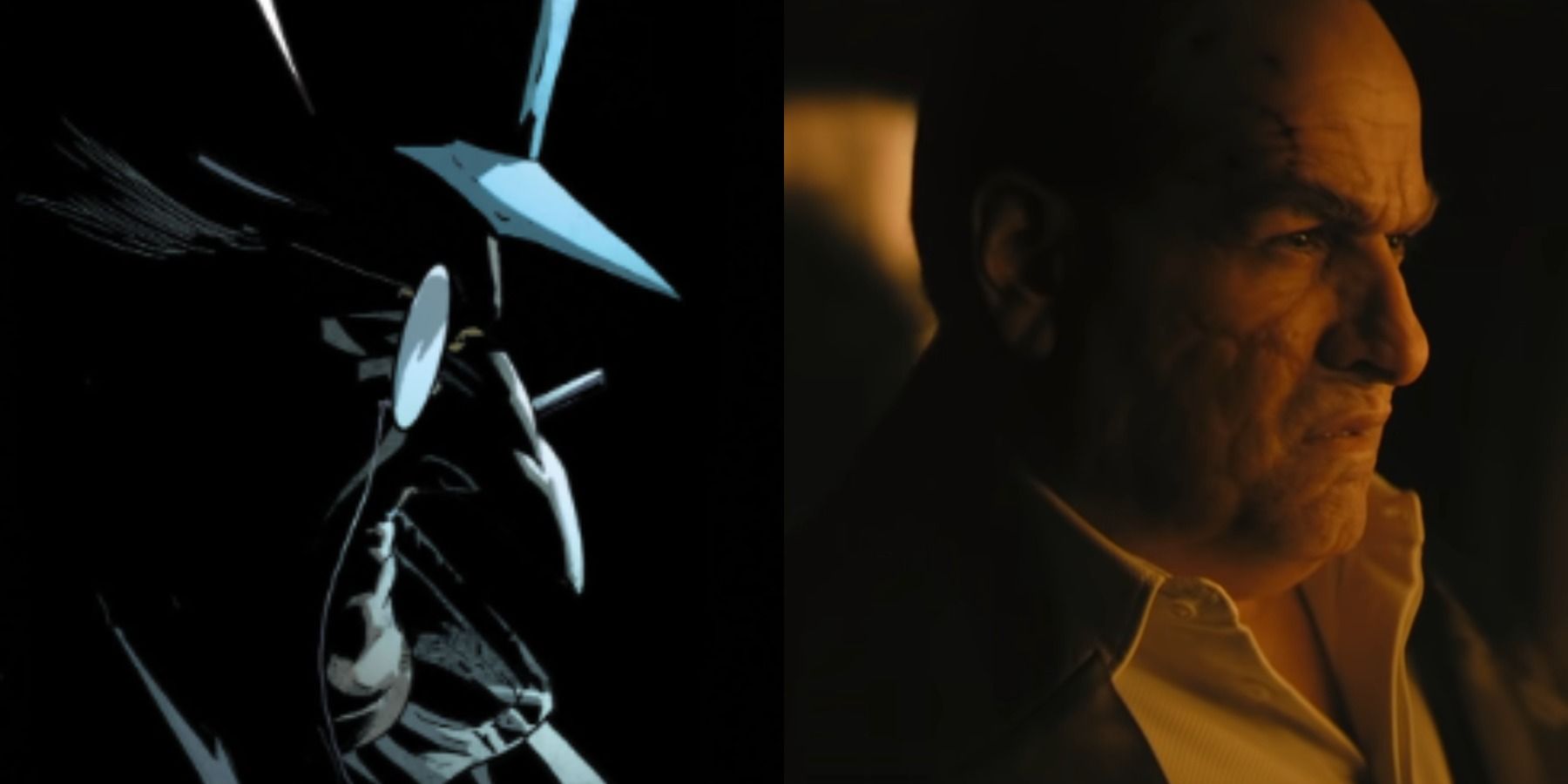 Split image of Penguin in Penguin Pain And Prejudice and Penguin observing Gotham from a high rise in The Batman 2022