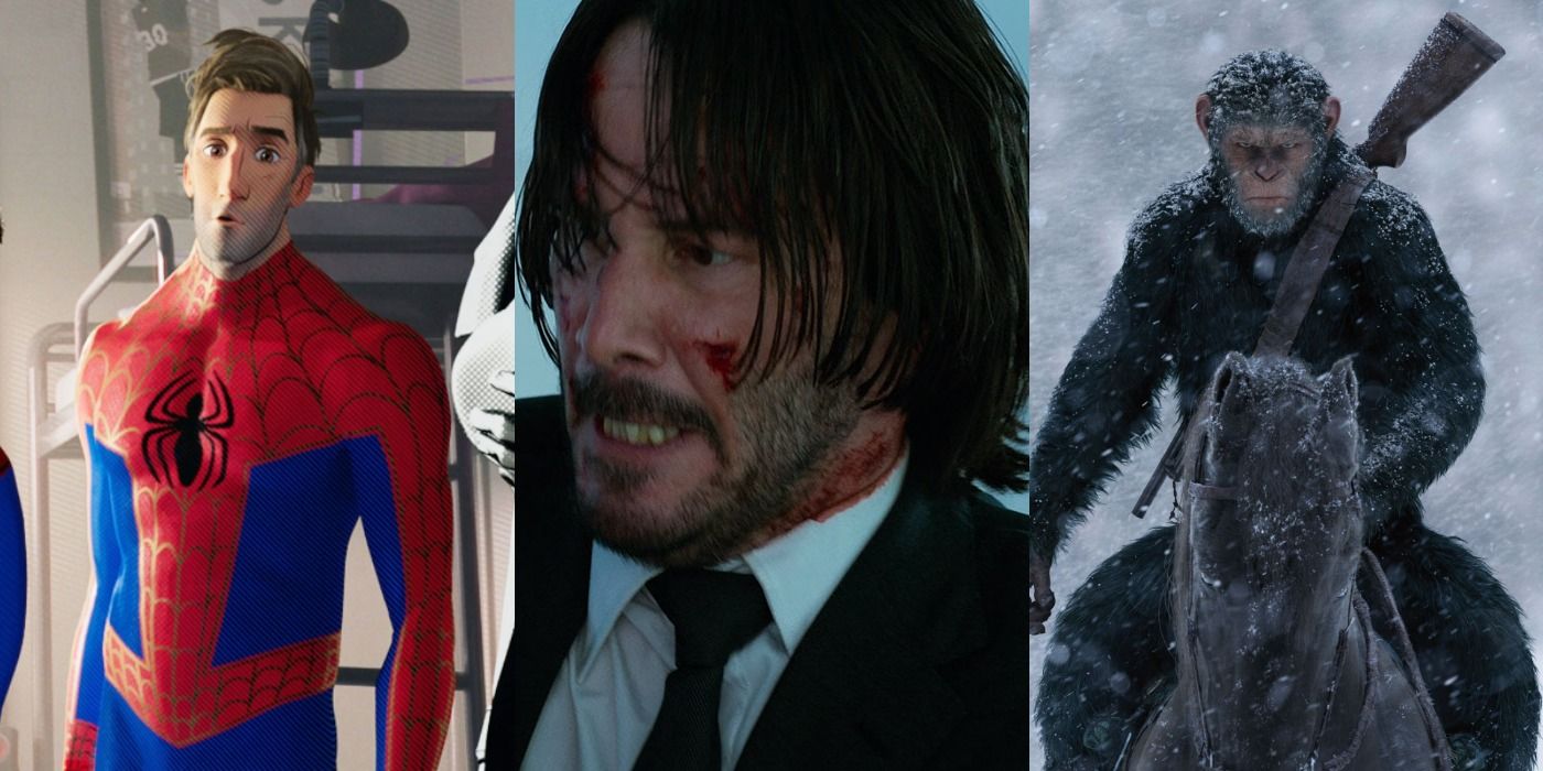 Split image of Peter Parker in Spider-Man, John in John Wick, and Caesar in War for the Planet of the Apes
