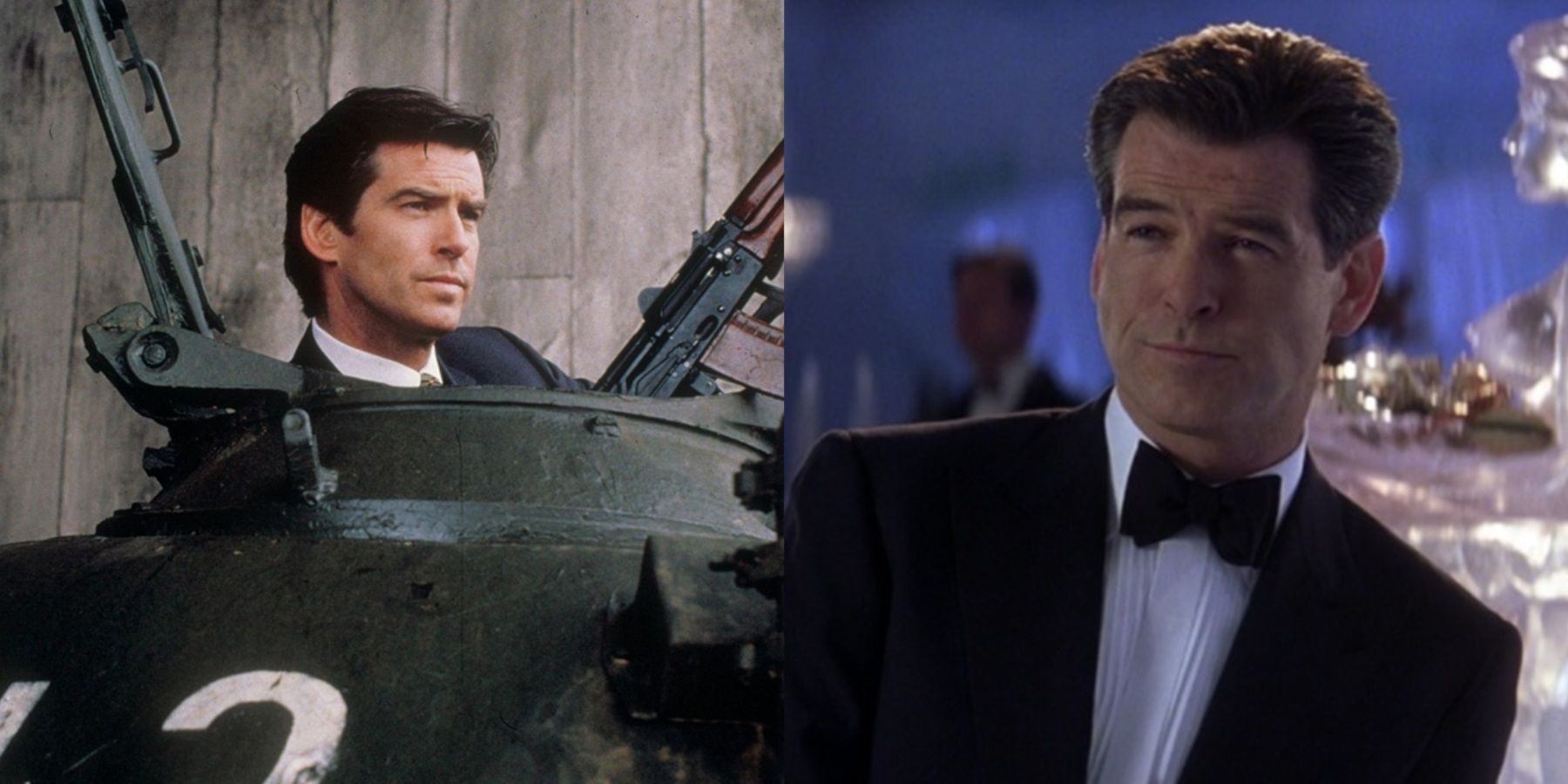 Split image of Pierce Brosnan as Bond riding a tank and standing in an ice palace