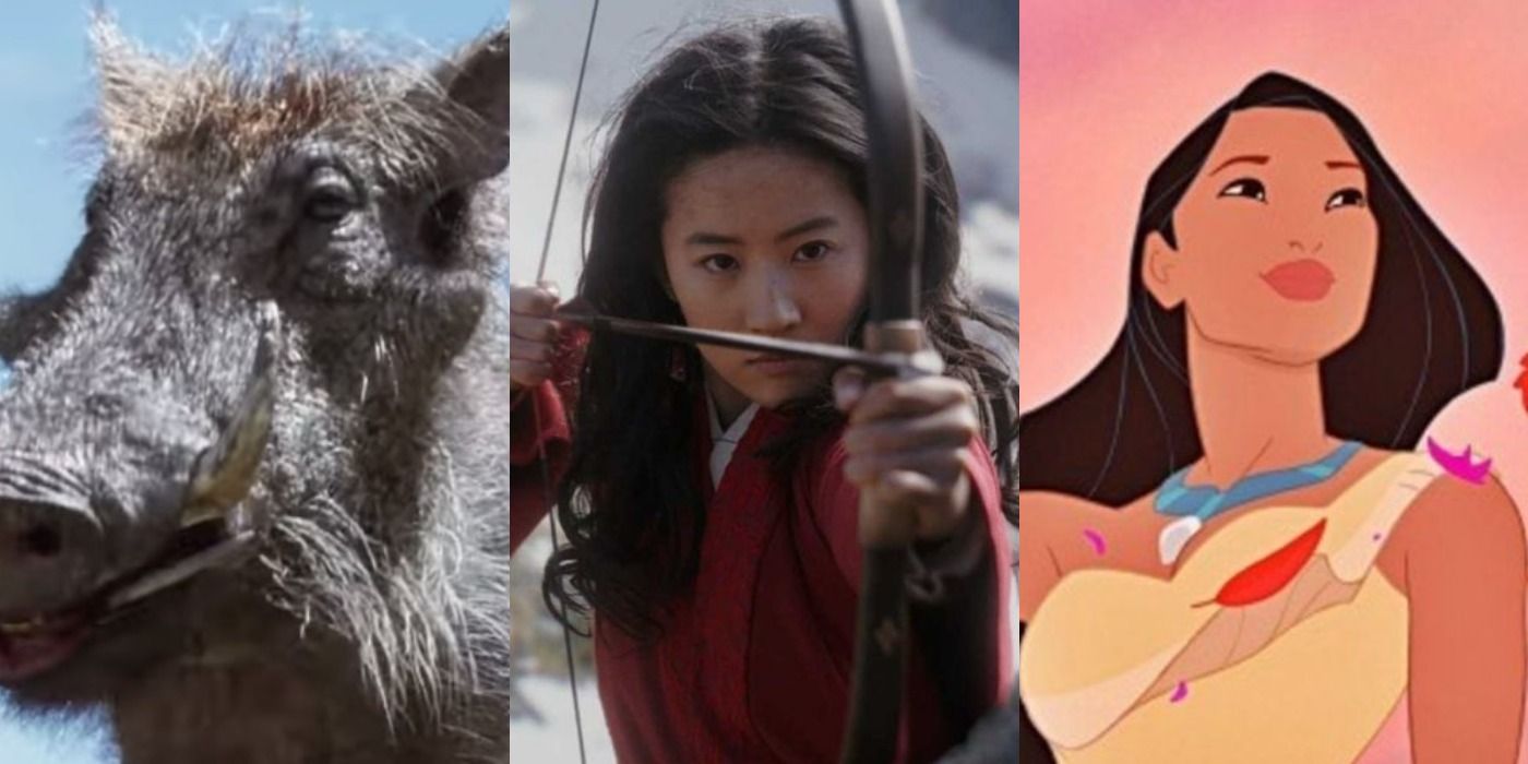 Split image of Pumbaa in The Lion King, Mulan in Mulan, and Pocahontas in Pocahontas