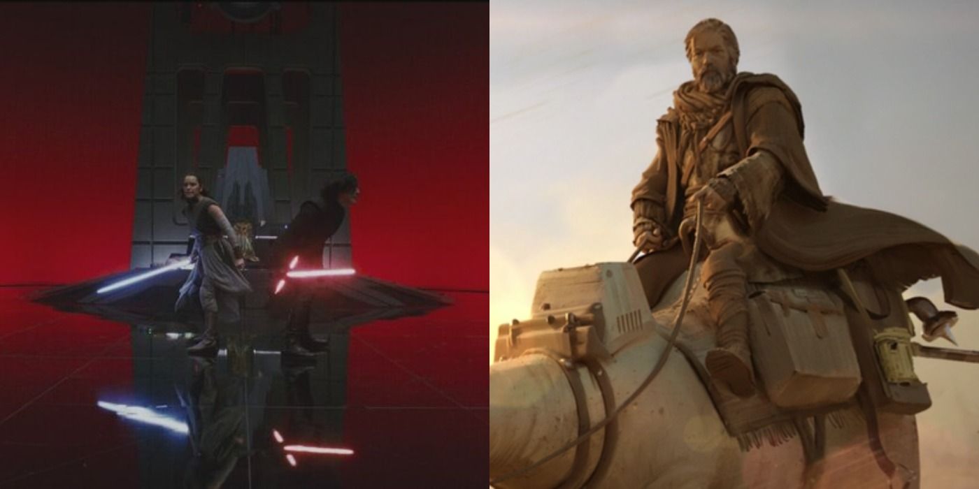Split image of Rey and Kylo & of Obi-Wan Kenobi Disney+ Concept art in Star Wars
