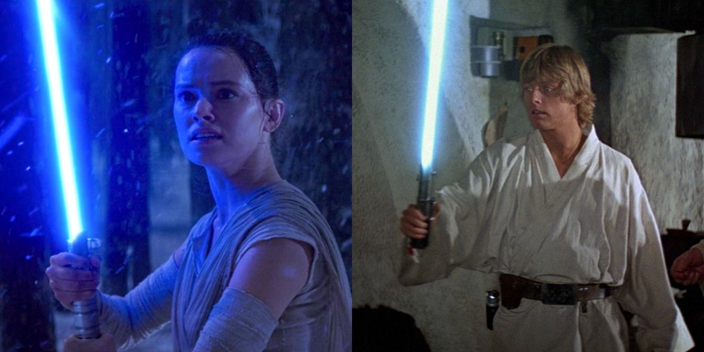 Split image of Rey and Luke Skywalker in Star Wars