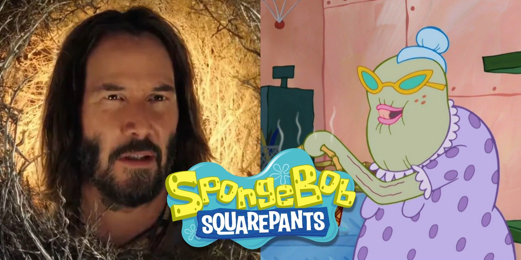 Split image of Sage The Sage from The SpongeBob Movie Sponge On The Run and Granny holding scented pinecones in SpongeBob SquarePants