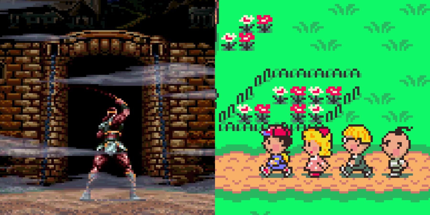 Split image of Simon Belmont entering Dracula's castle in Super Castlevania IV and Ness with his friends in Earthbound
