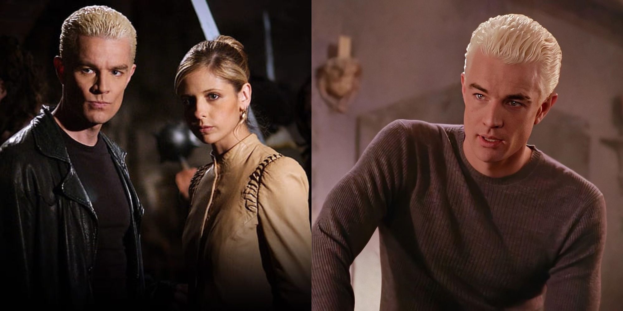 Split image of Buffy and Spike looking concerned and an image of Spike alone from Buffy the Vampire slayer