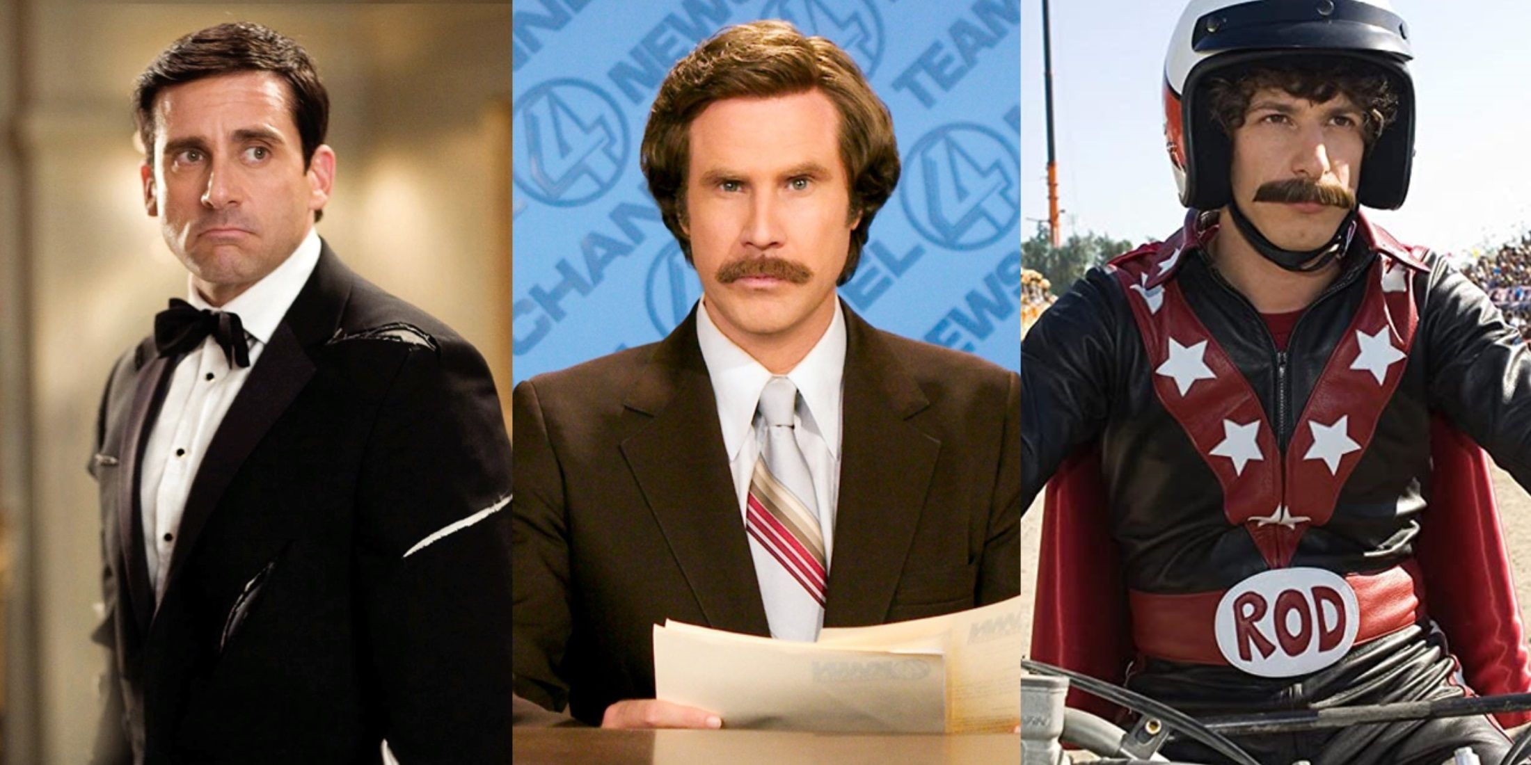 Split image of Steve Carell in Get Smart, Will Ferrell in Anchorman, and Andy Samberg in Hot Rod