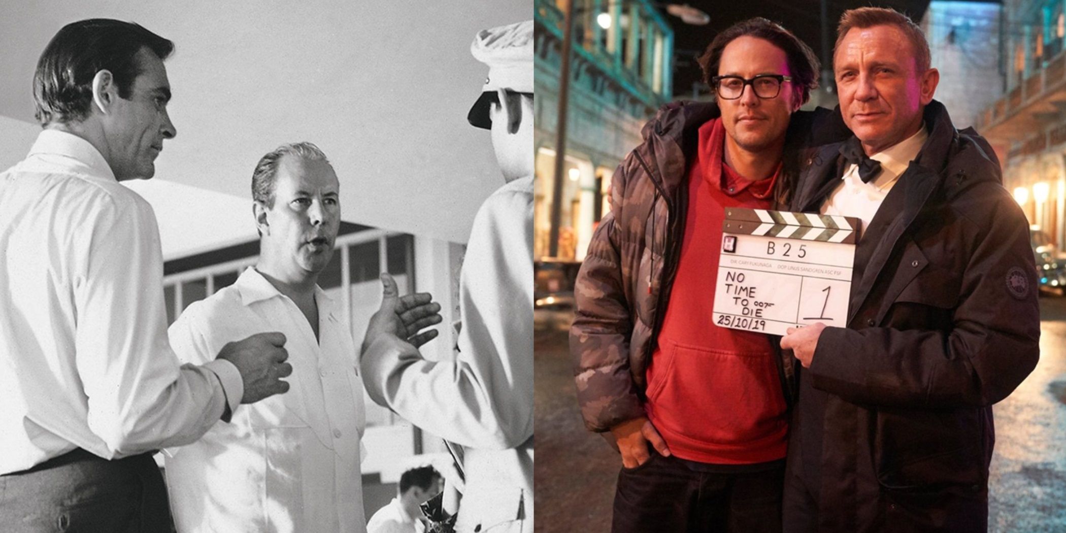 Split image of Terence Young directing Sean Connery and Cary Fukunaga directing Daniel Craig as James Bond
