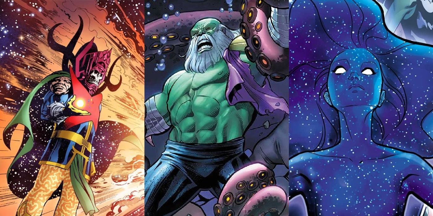 Split image of Thanos, Maestro and Singularity in Marvel Comics Multiverse feature
