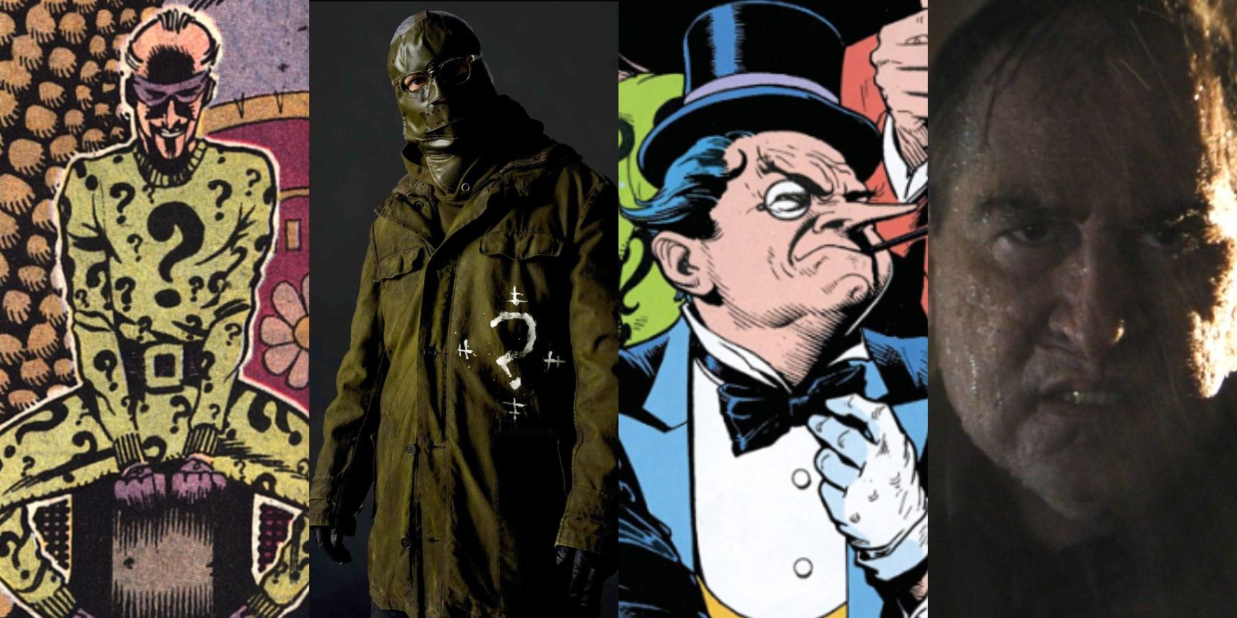 Split image of The Riddler and The Penguin in The Batman 2022 and The Riddler and The Penguin in Secret Origins Special 1