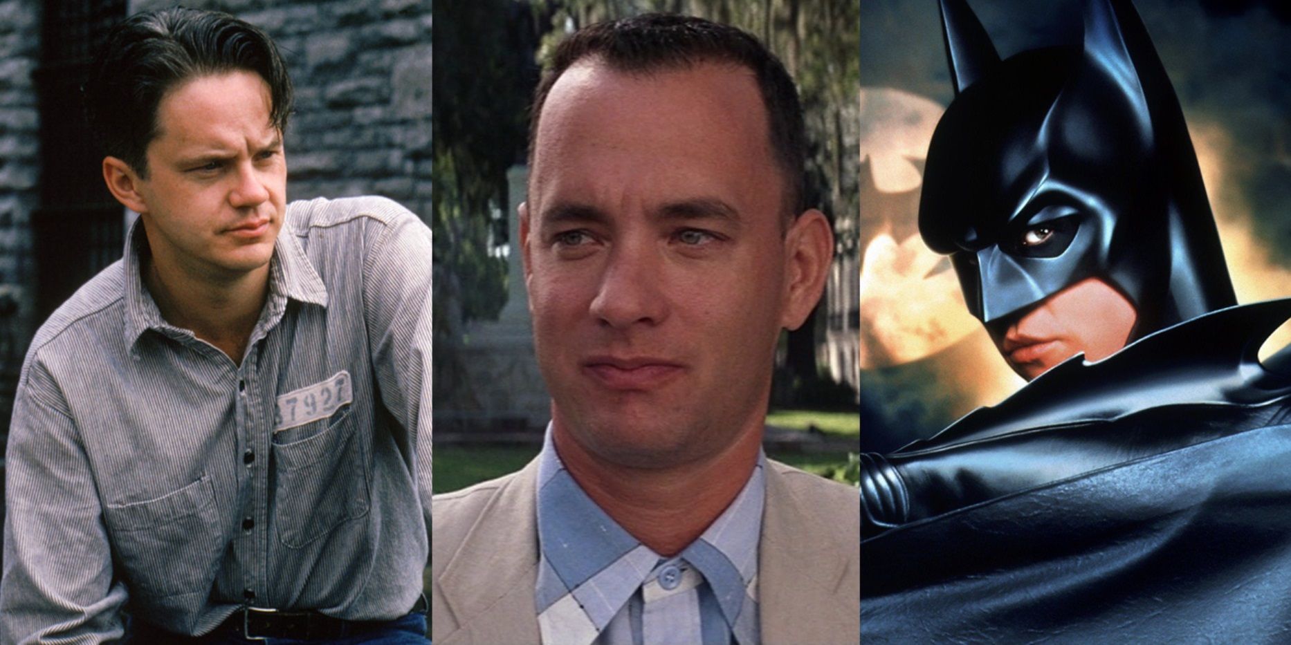 Split image of Tim Robbins in The Shawshank Redemption, Tom Hanks in Forrest Gump, and Val Kilmer in Batman Forever