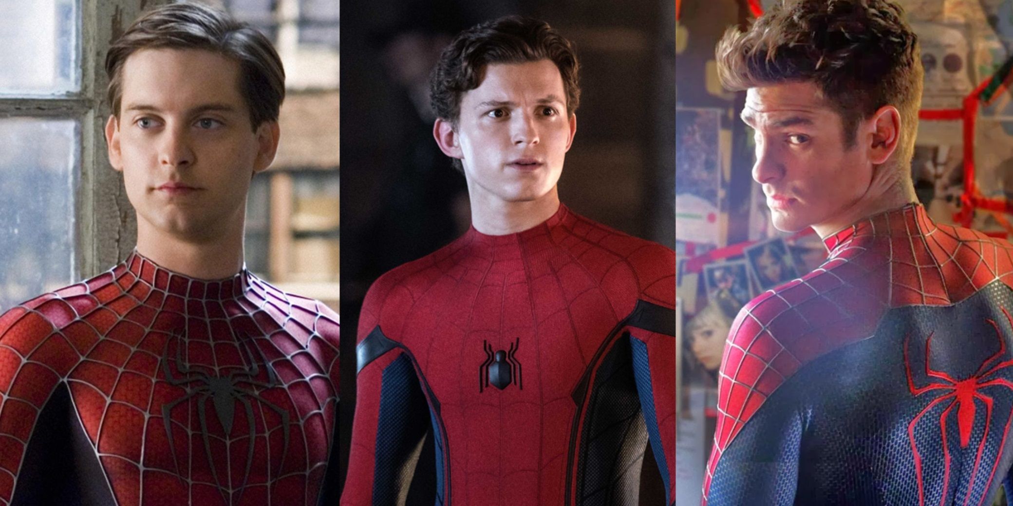 Split image of Tobey Maguire, Tom Holland, and Andrew Garfield as Spider-Man