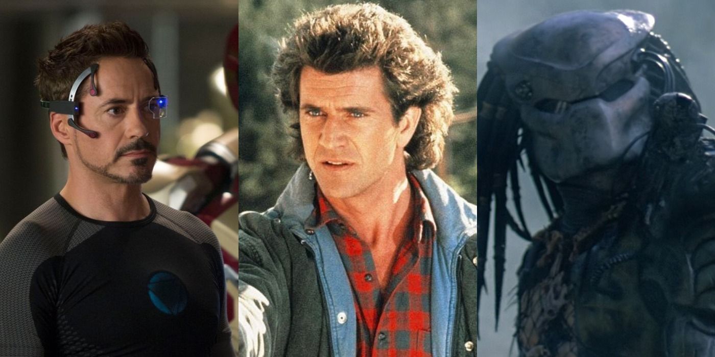 Split image of Tony in Iron Man 3, Riggs in Lethal Weapon, and the Predator in The Predator