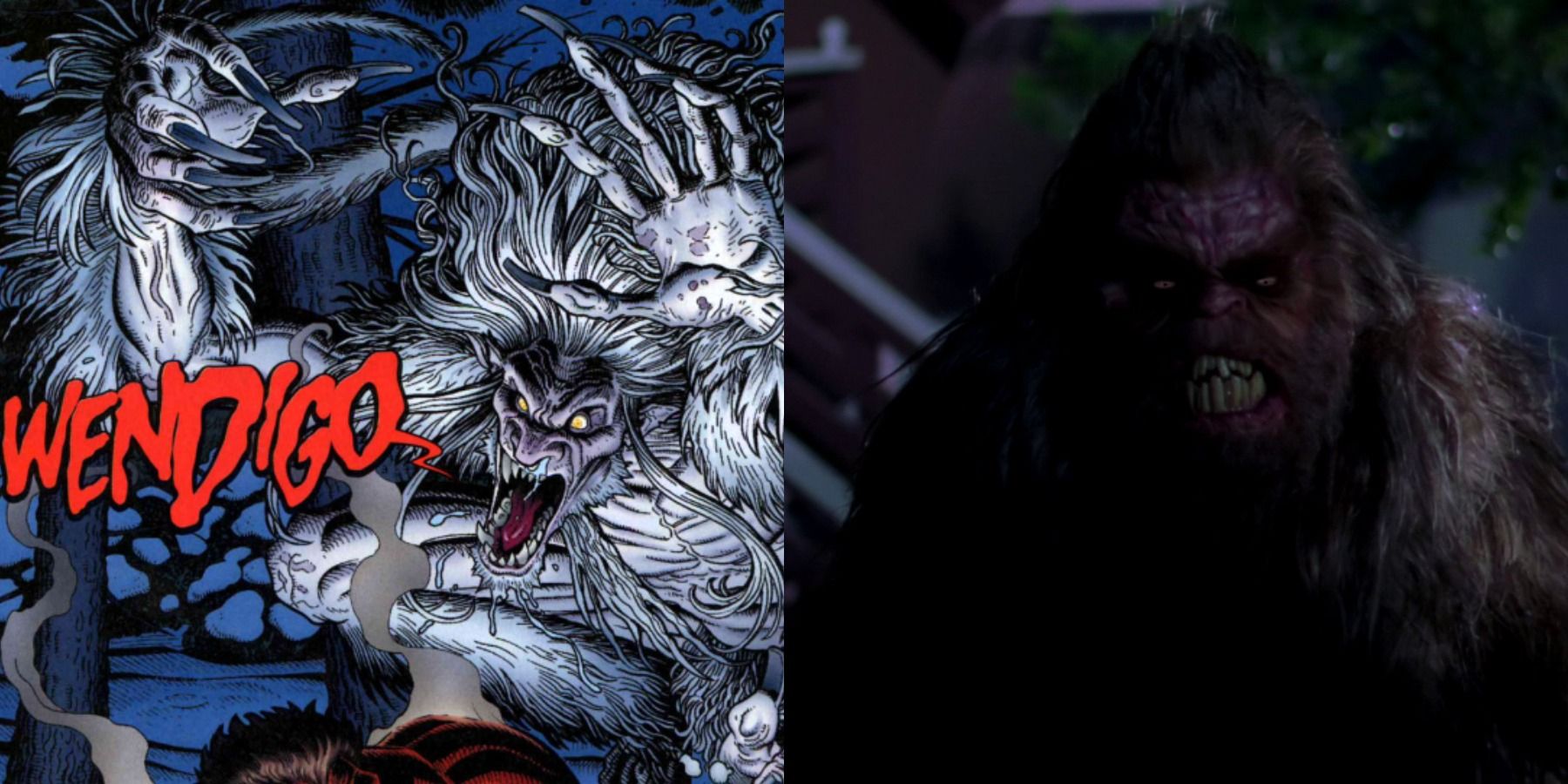 Split image of Wendigo from Marvel comics and the yeti from Abominable 2006