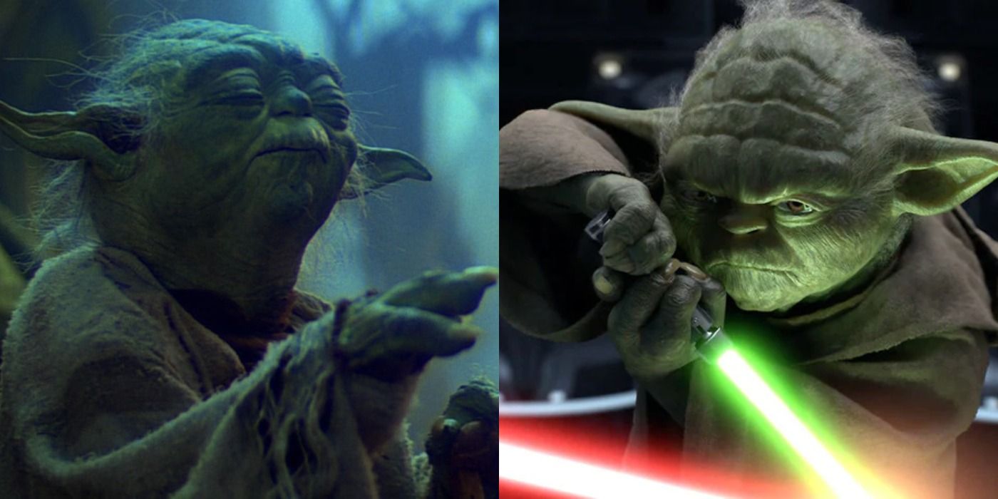 Split image of Yoda in The Empires Strikes Back & Revenge Of The Sith