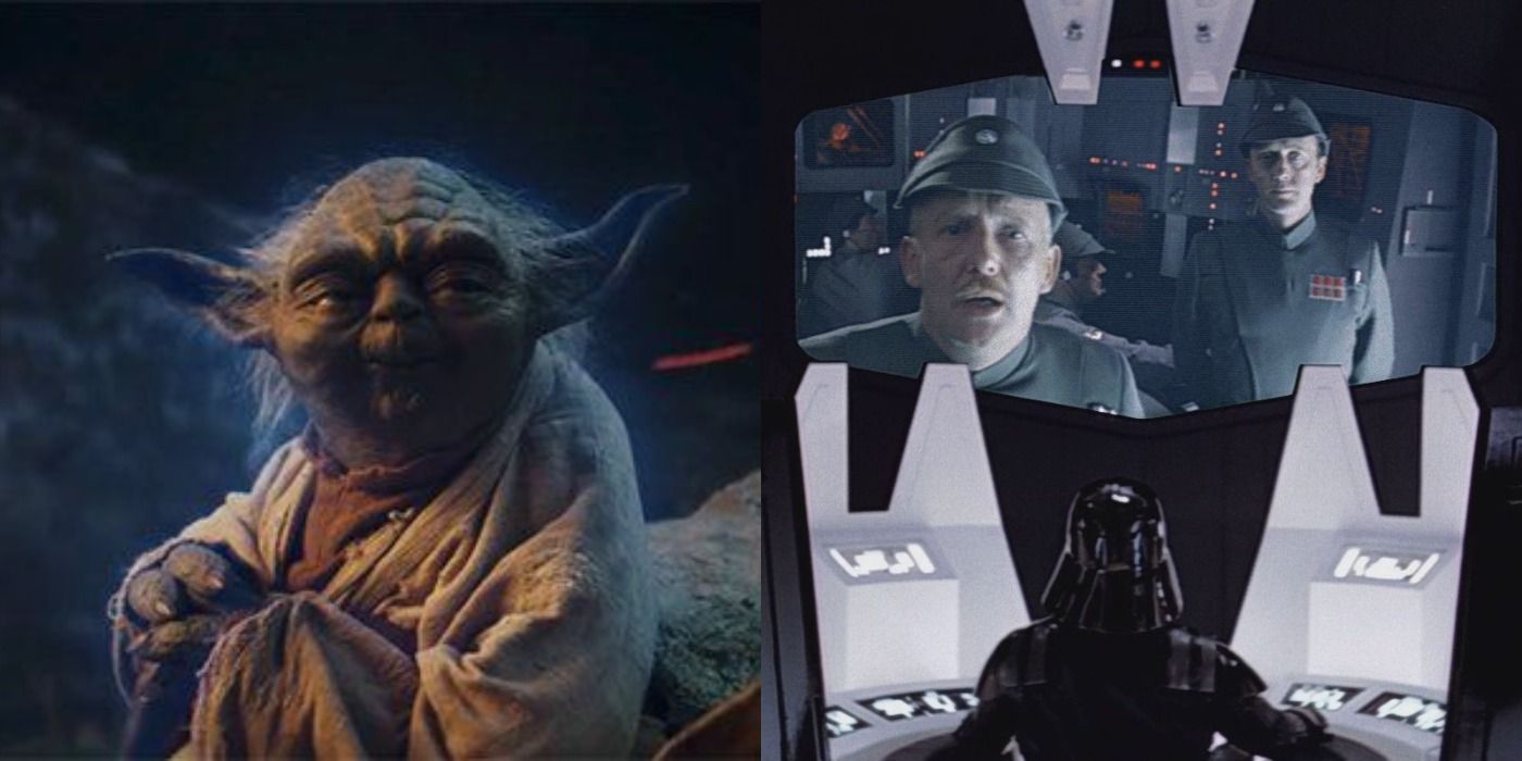 Split image of Yoda in The Last Jedi & Darth Vader in The Empire Strikes Back
