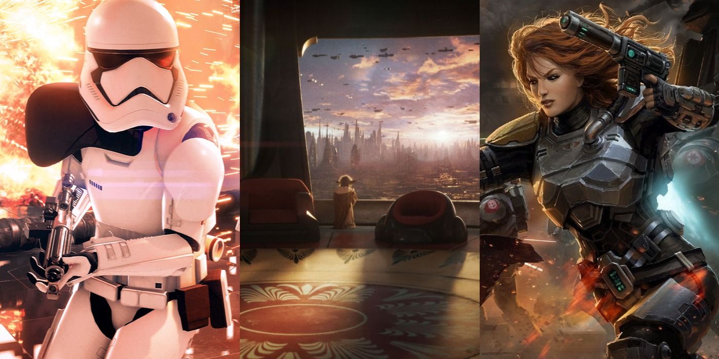 Split image of a Stormtrooper, Yoda and an Old Republic bounty hunter in Star Wars feature