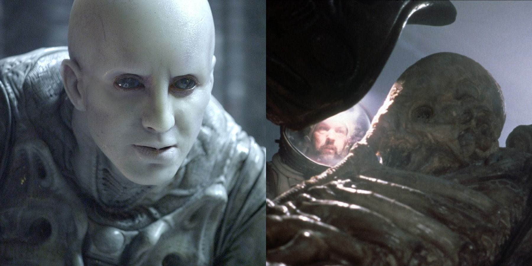 Split image of an Engineer from Prometheus and the Space Jockey in Alien