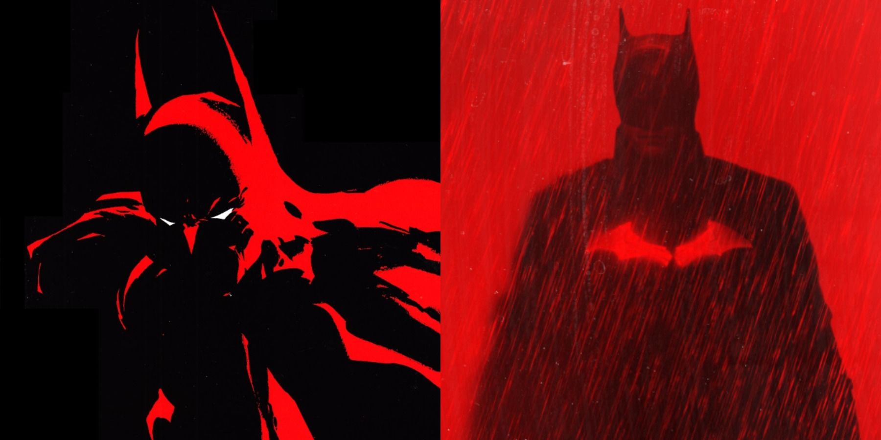 Split image of cover artwork for Batman Dark Victory and Batman in the rain in The Batman 2022 poster
