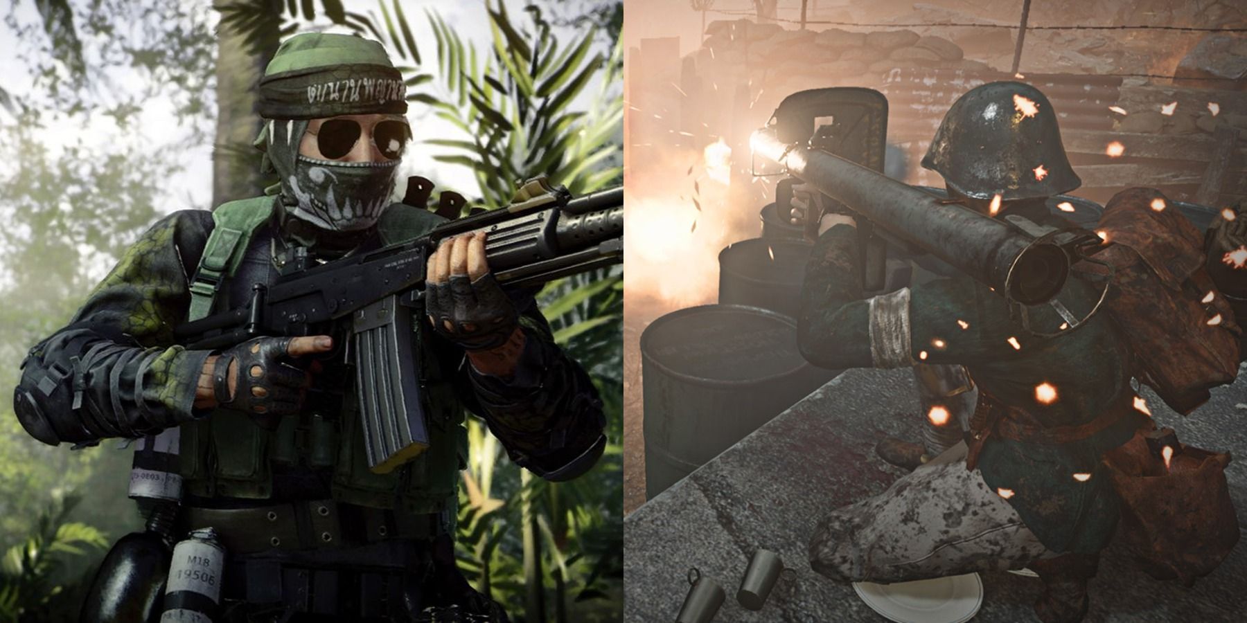 Split image of solider in the jungle in Call Of Duty Black Ops Cold War and a soldier firing a rocket launcher in Call Of Duty WWII