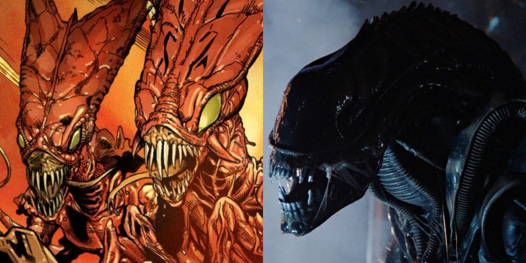 Split image of the Brood from Marvel comics and a Xenomorph warrior from Aliens