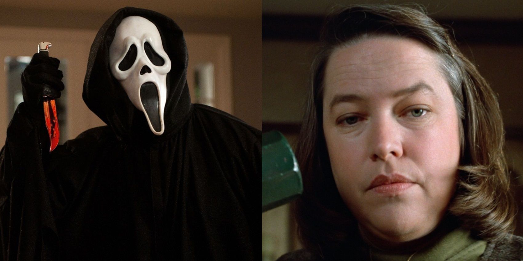 Split image of the Ghostface killer in Scream and Annie Wilkes in Misery