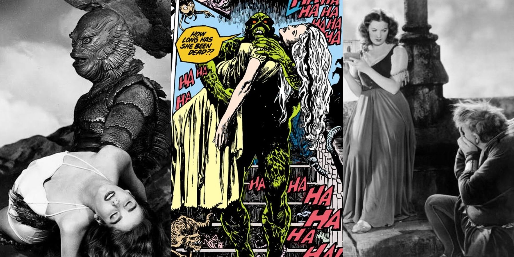Split image of the Gillman carrying Kay Lawrence in Creature From The Black Lagoon, Swamp Thing carrying Abby Arcane, and Esmerld befriending Quasimodo in The Hunchback Of Notredame