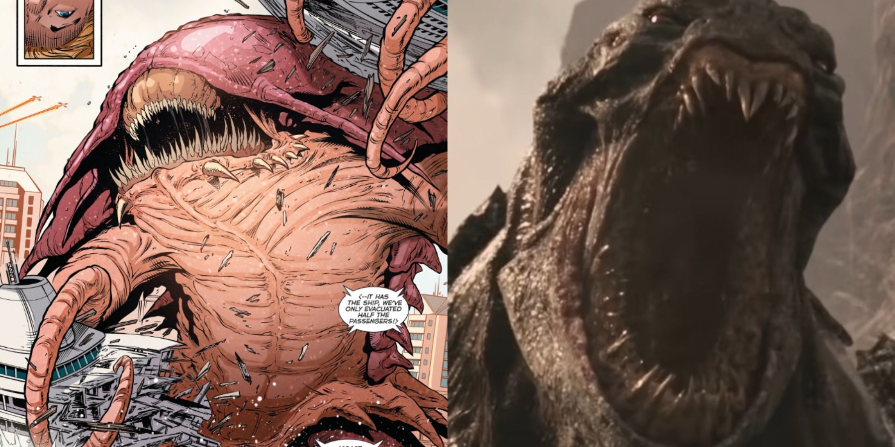 Split image of the Karaqan attacking the surface world and the Kraken attacking Athens in Clash Of The Titans